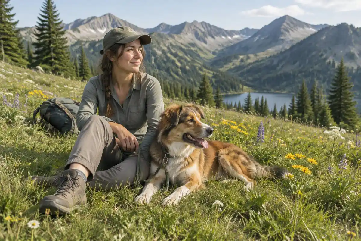 Woman and a medium dog resting in a sunny meadow beside a trail