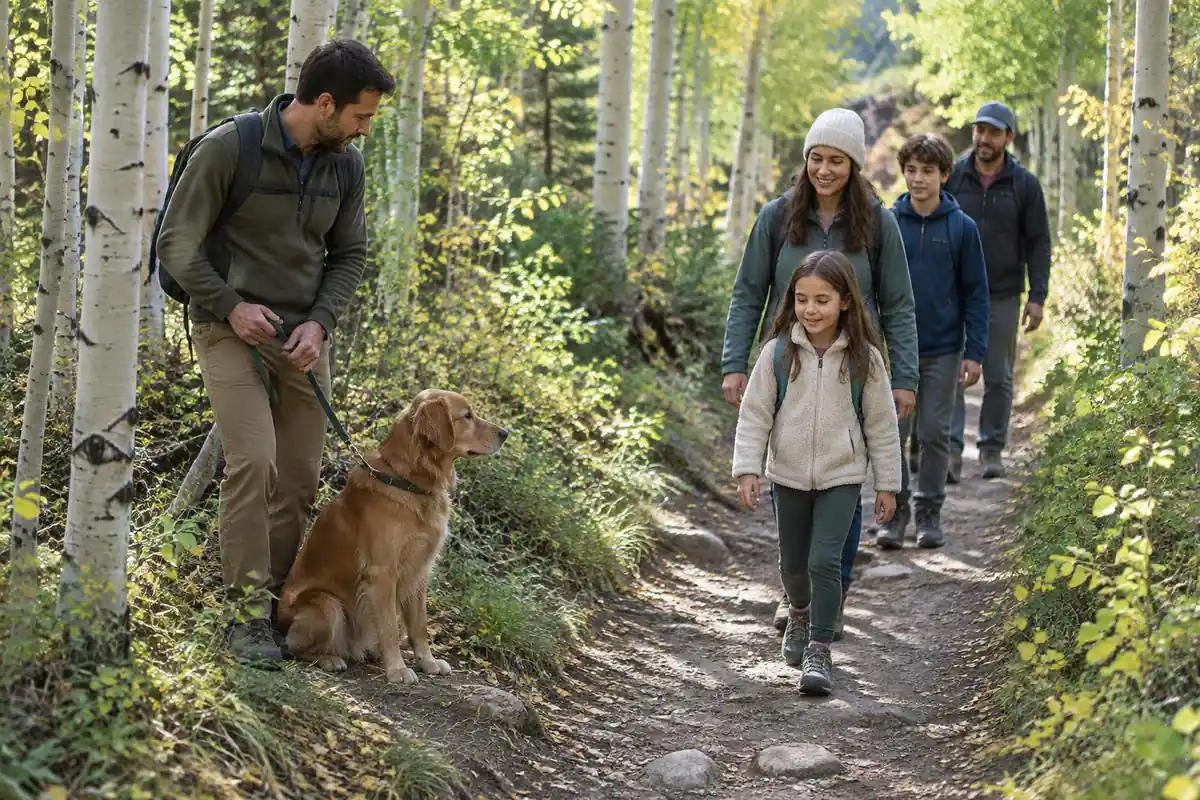 Hiker shortening the leash as another party passes on a narrow trail