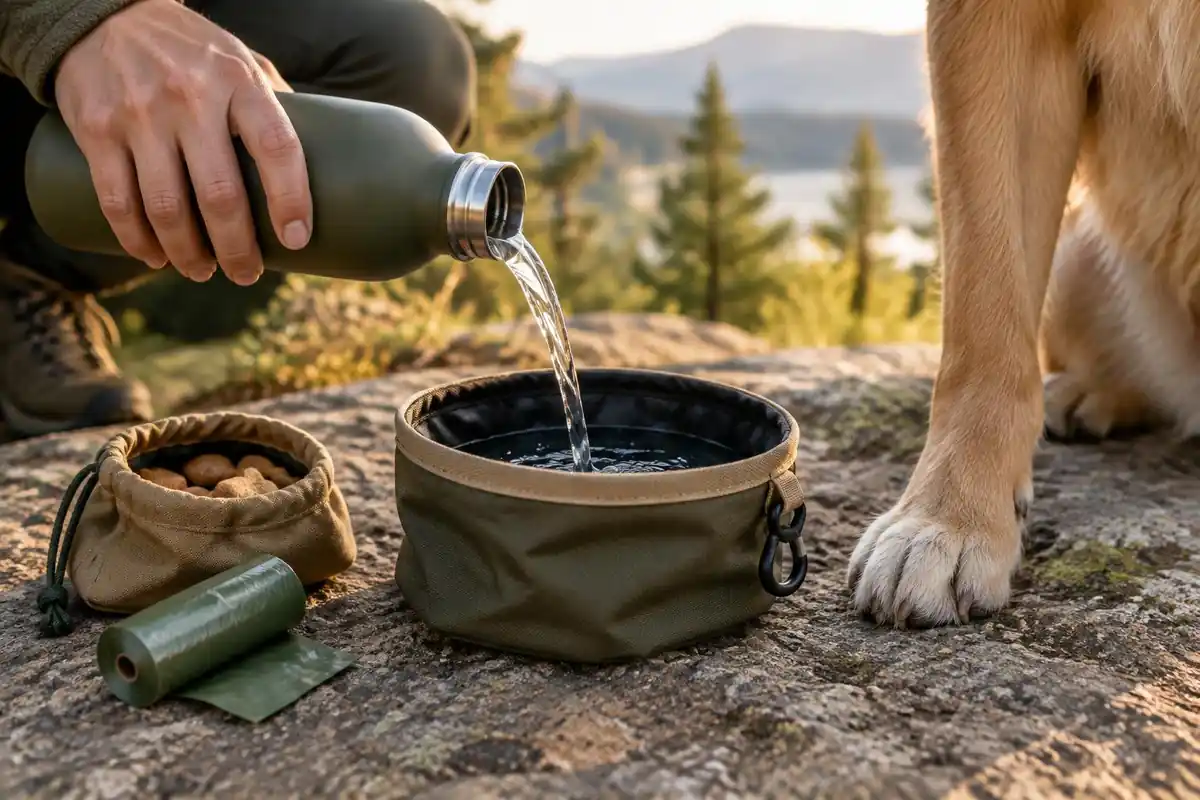 Collapsible bowl, water and dog treats laid beside a dog's paw on a rock