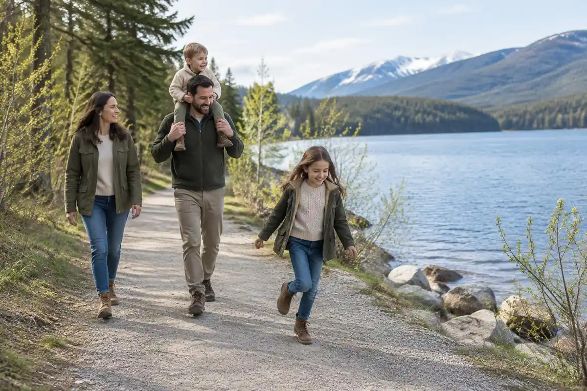 Family on a wide flat gravel path by a lake with a toddler on dad's shoulders