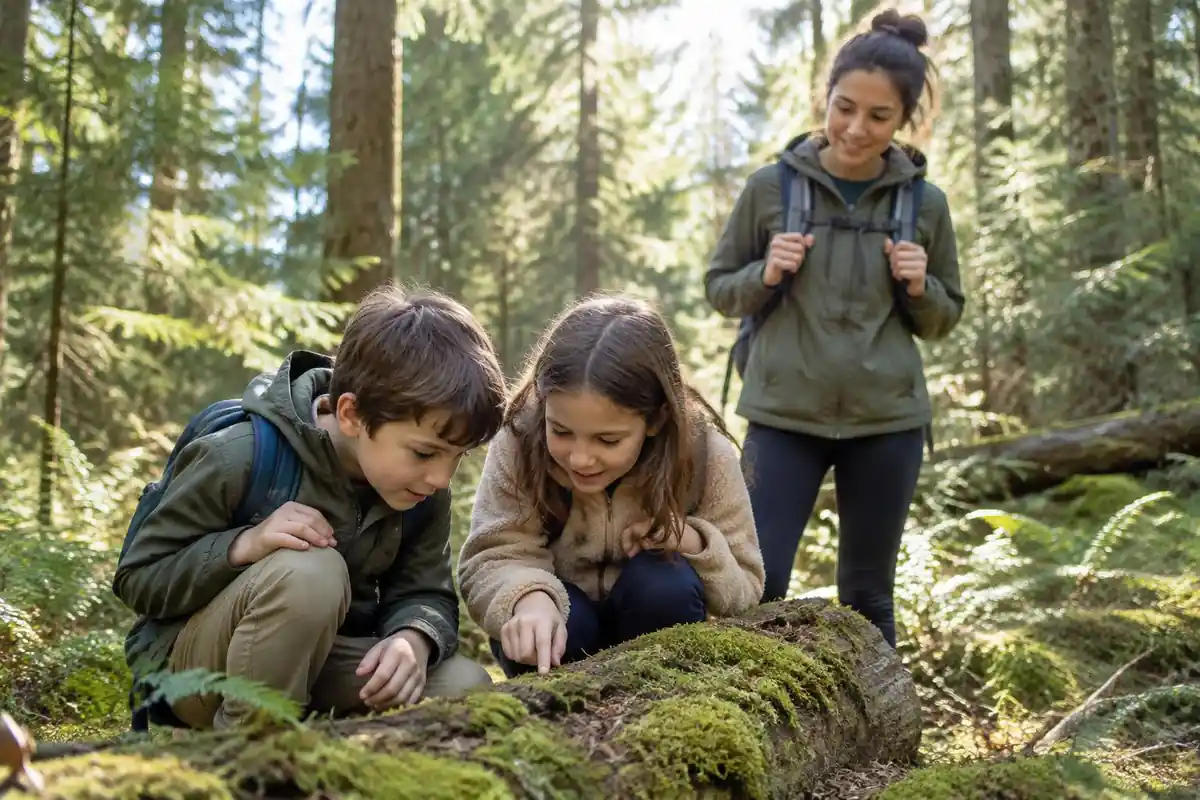 Two children crouching to look at a beetle on a log while parent waits