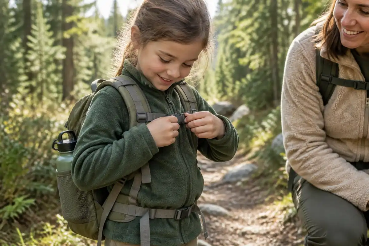 Child's small pack held up by little hands with a water bottle and a snack