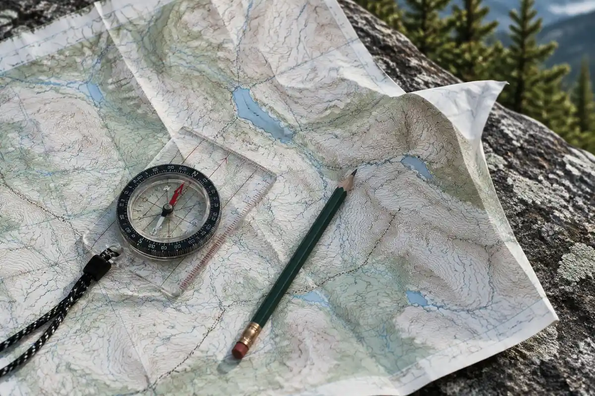 Compass lying on an open paper map on a flat stone with contour lines