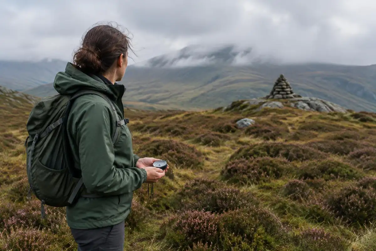 Hiker holding a compass at waist height and sighting across open moor