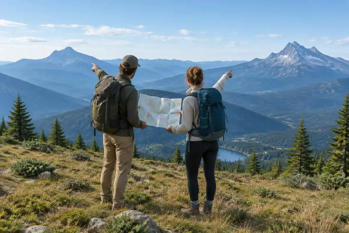 Two friends at a ridge viewpoint pointing at distant peaks with a map