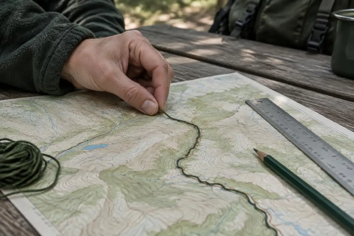 Hand with a piece of string measuring a winding route on a paper map