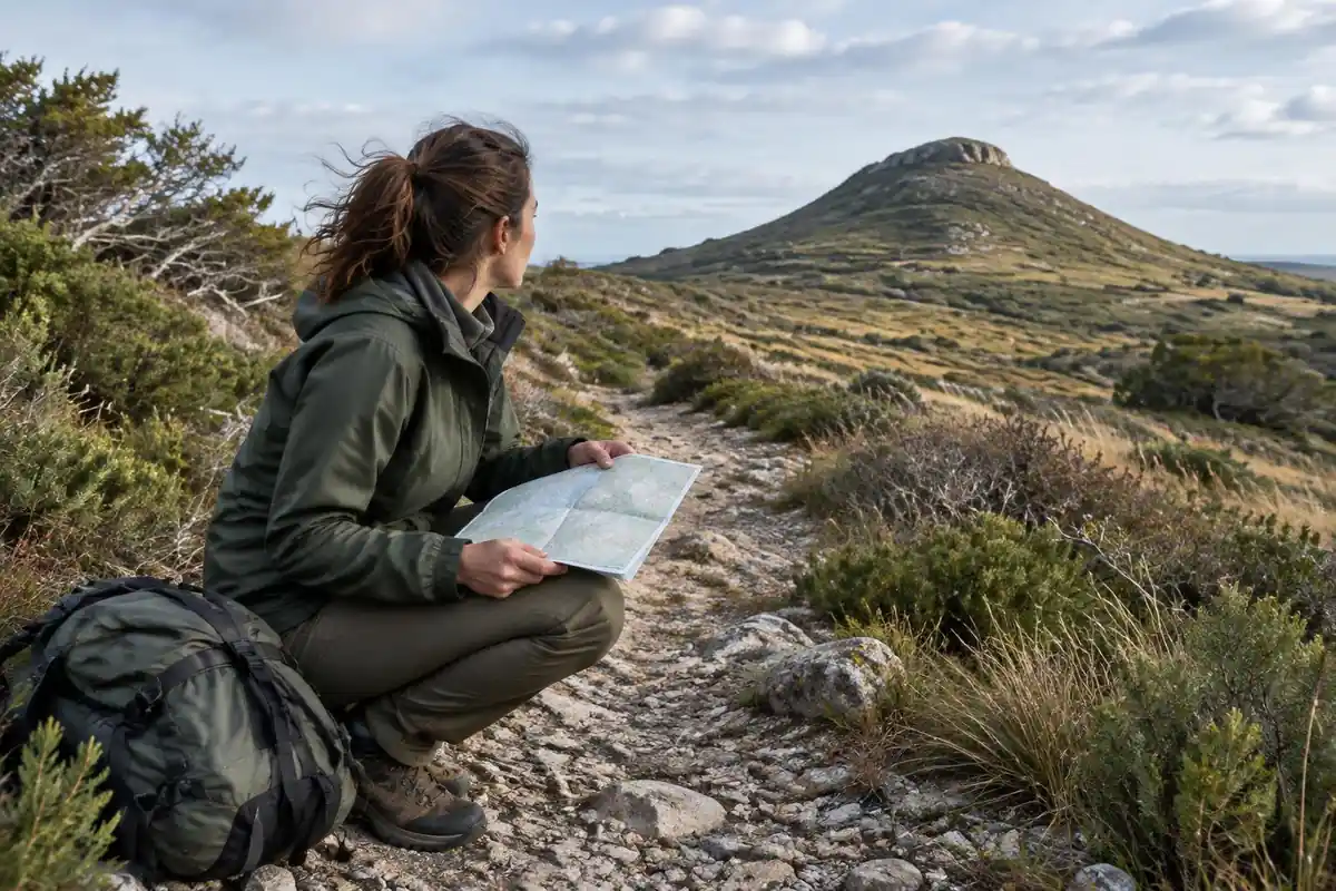 Woman lining up the map on her knee at a trail bend, checking the terrain