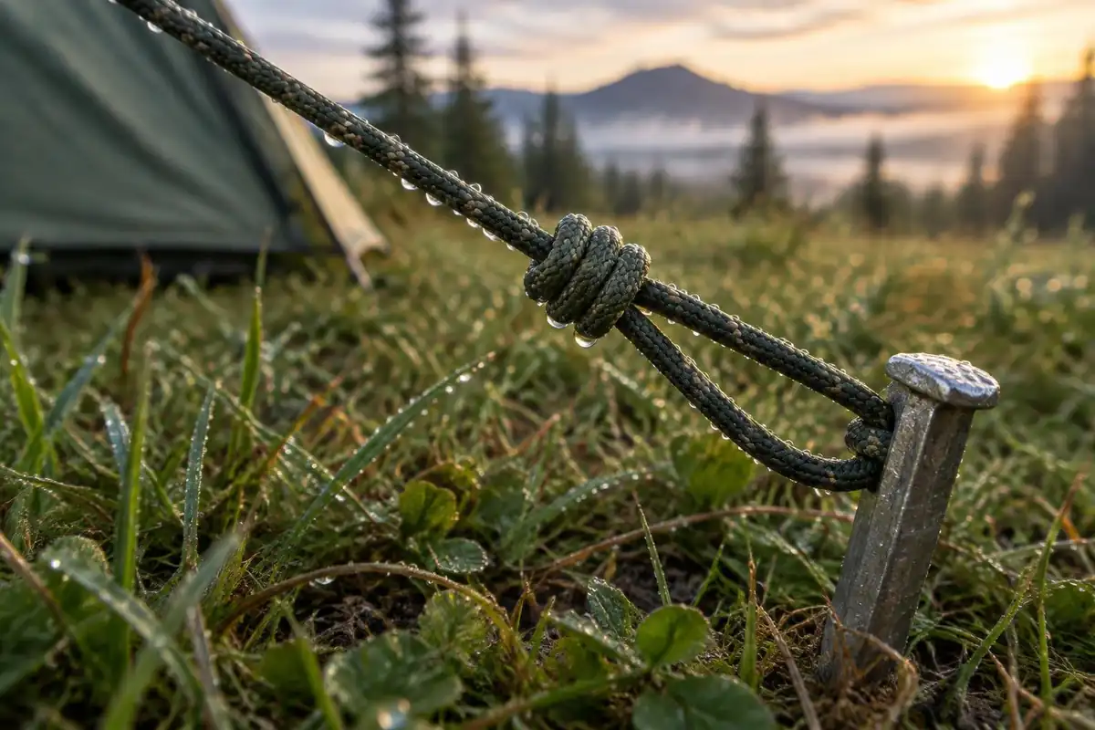 Rope with an adjustable hitch tied on a tent guyline stake in grass