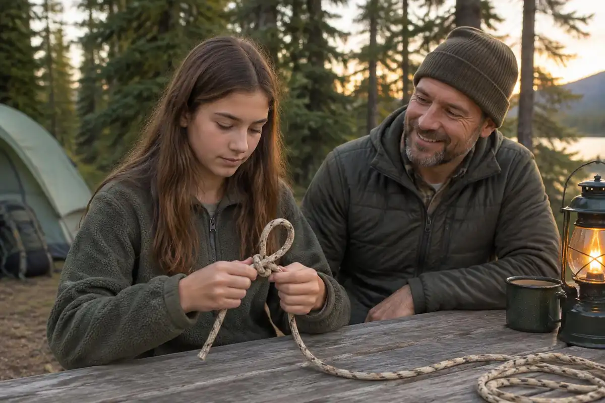 Boy scout-age teen tying a loop in rope beside a picnic table with an adult watching