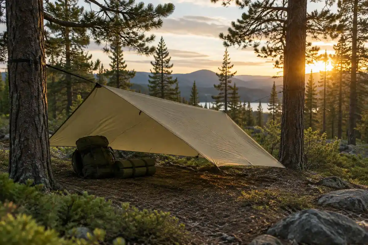 Tarp strung between two trees over a small campsite with a pack underneath