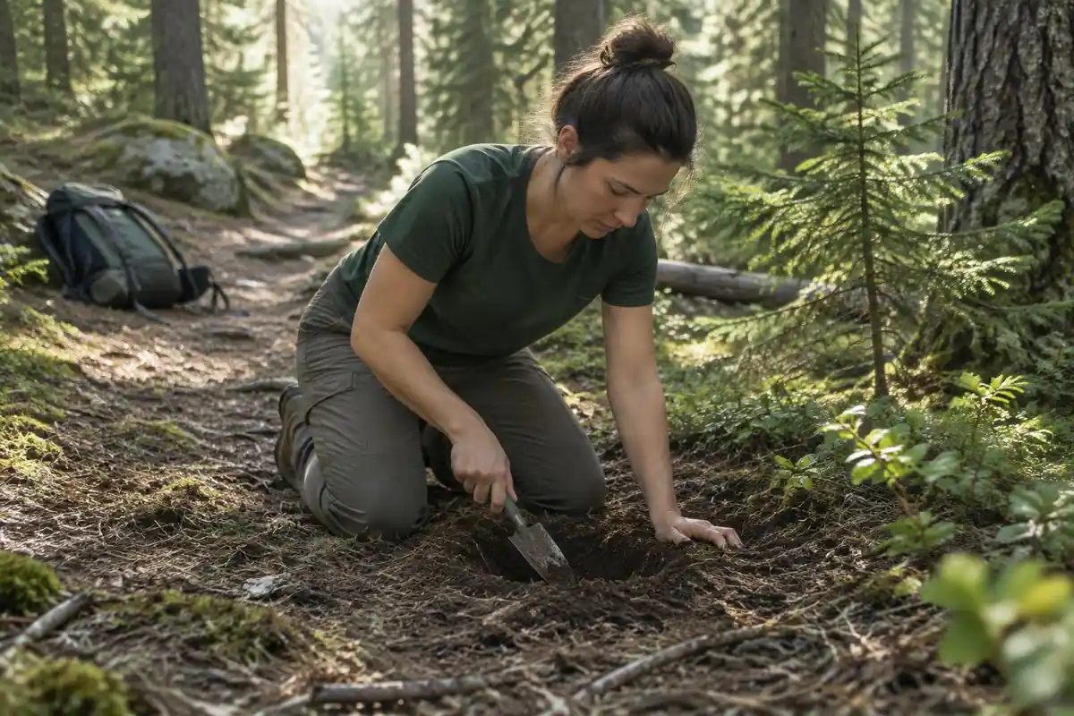 Hiker carrying a small trowel and digging a shallow hole well away from a stream