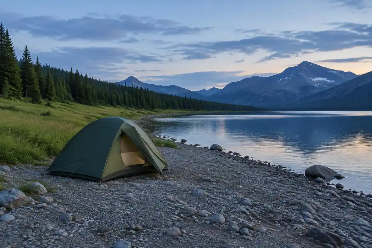 Tent pitched on a bare gravel patch beside a lake with trees behind