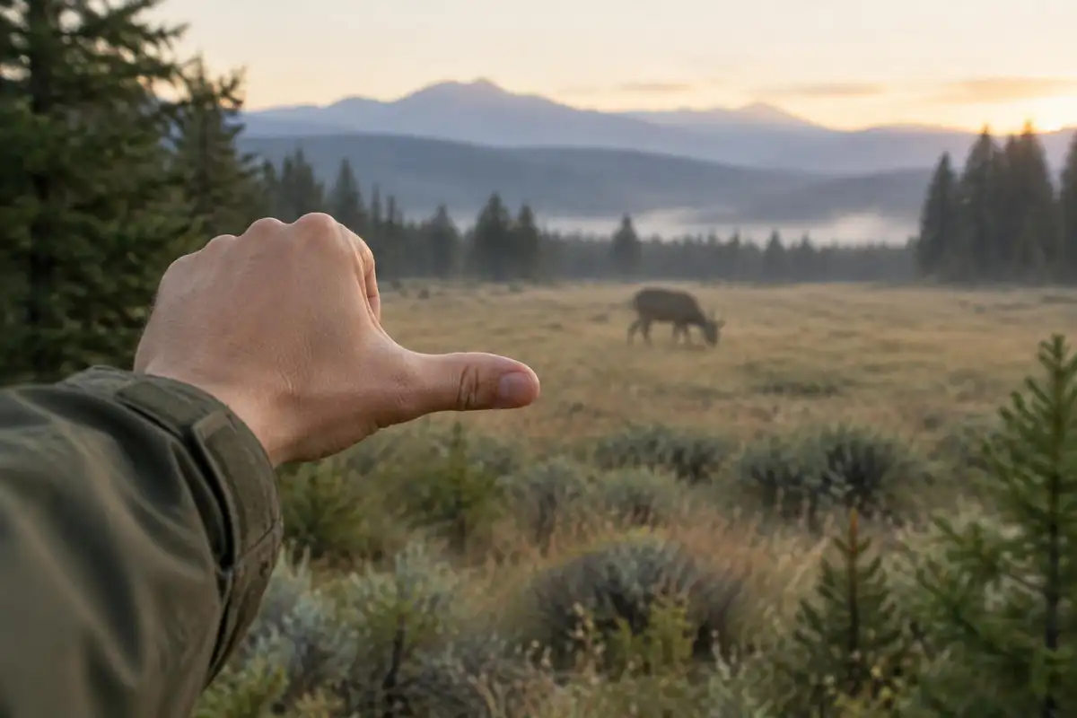 Deer grazing at a safe distance with a hiker's thumb held up in foreground