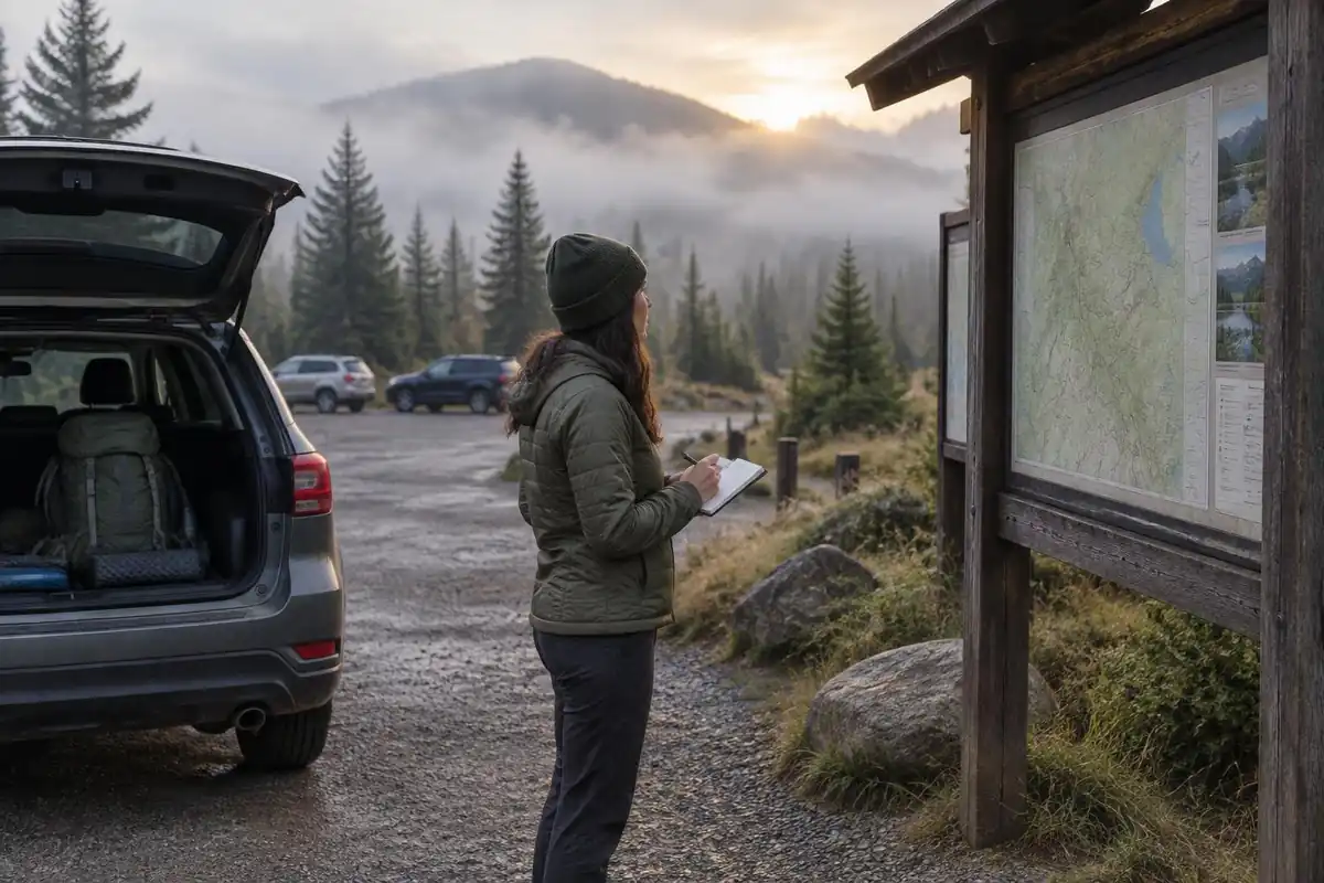 Woman writing a note at a car hood at a trailhead with a mountain map