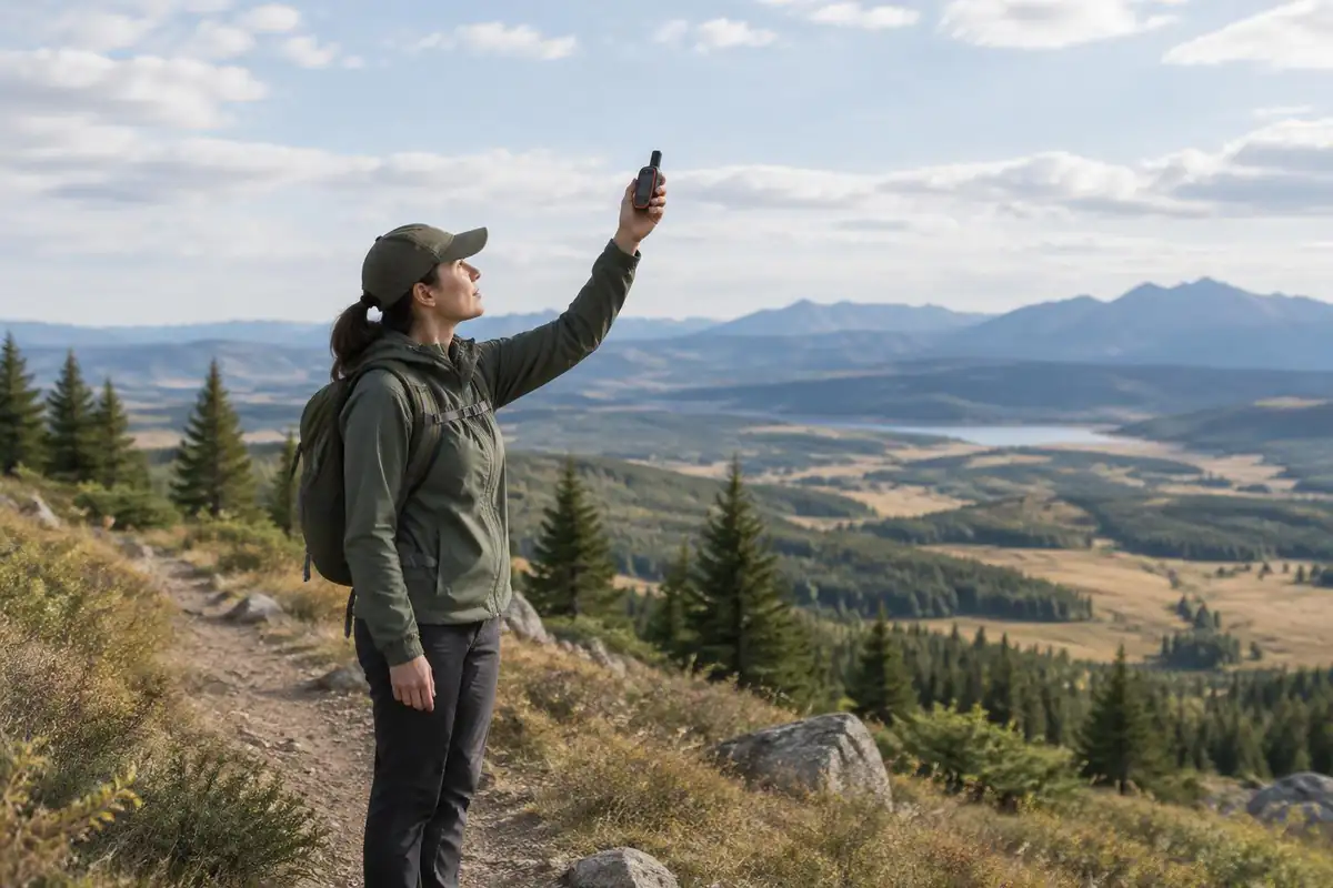 Solo hiker holding up a small personal locator device to check the sky