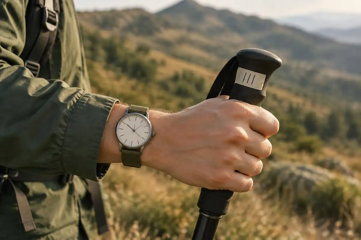 Wrist showing a plain watch with a turnaround note taped on a trekking pole handle