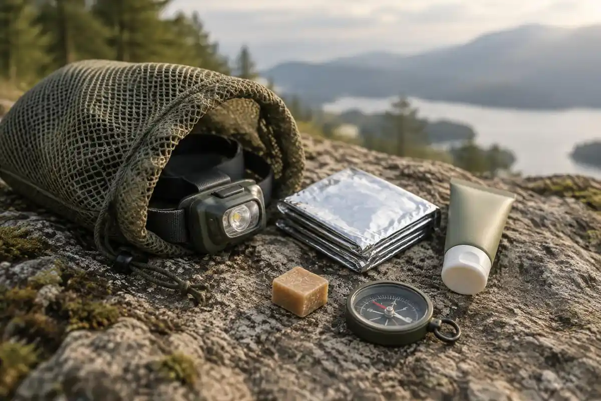 Ten small gear items in a mesh bag spilling onto a boulder