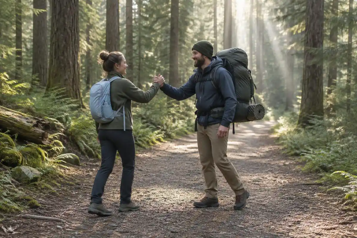 Day hiker and a multi-day backpacker passing on a wide forest trail