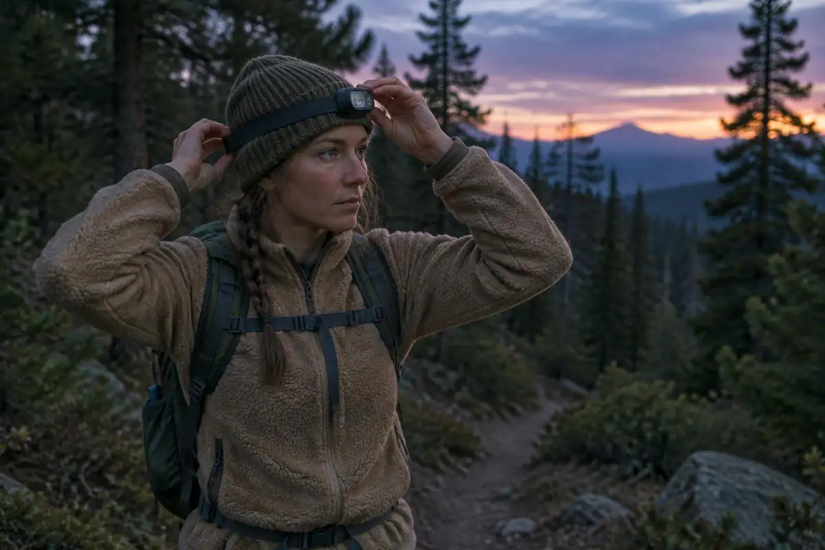 Hiker putting on a headlamp on a dusky trail as trees darken