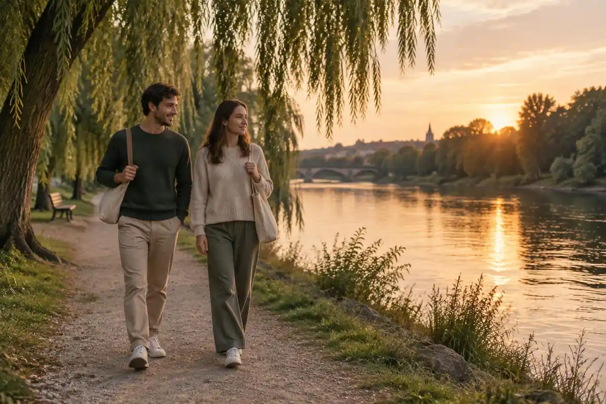 Couple on an easy evening walk along a river path with light packs