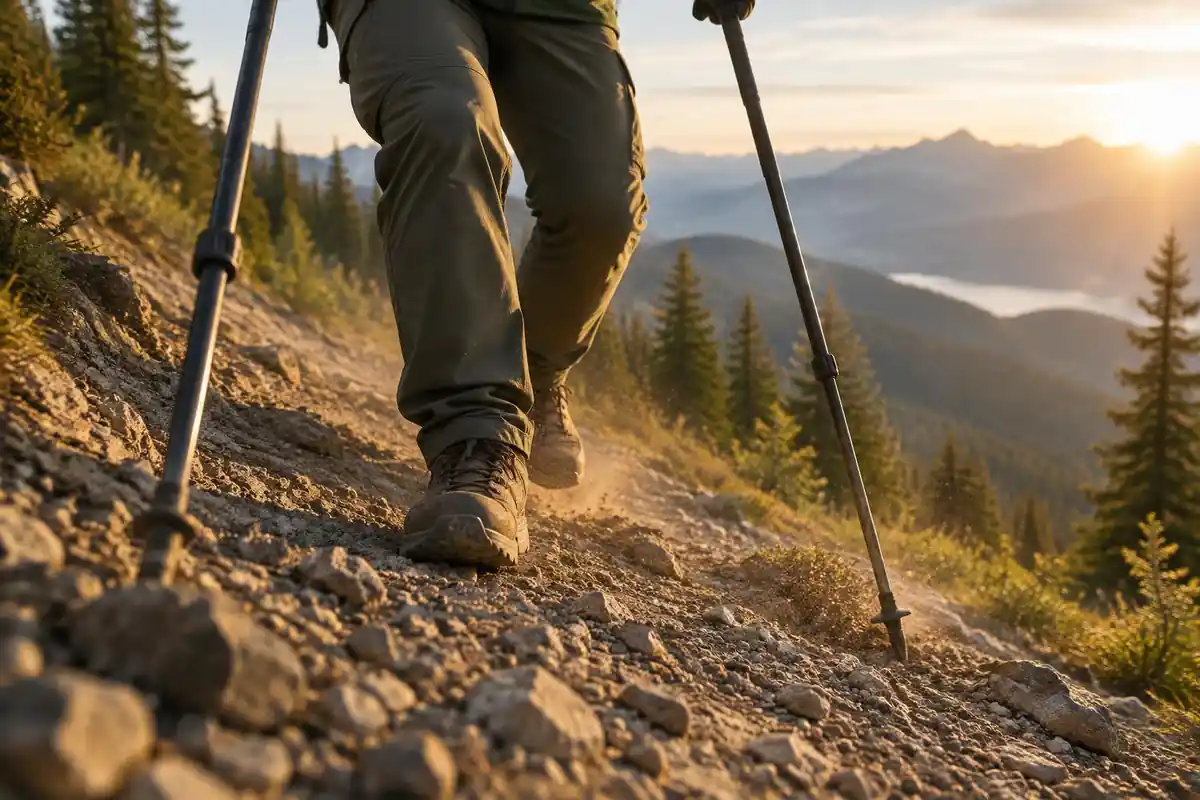 Trekking poles planted on a steep downhill trail with boots braced