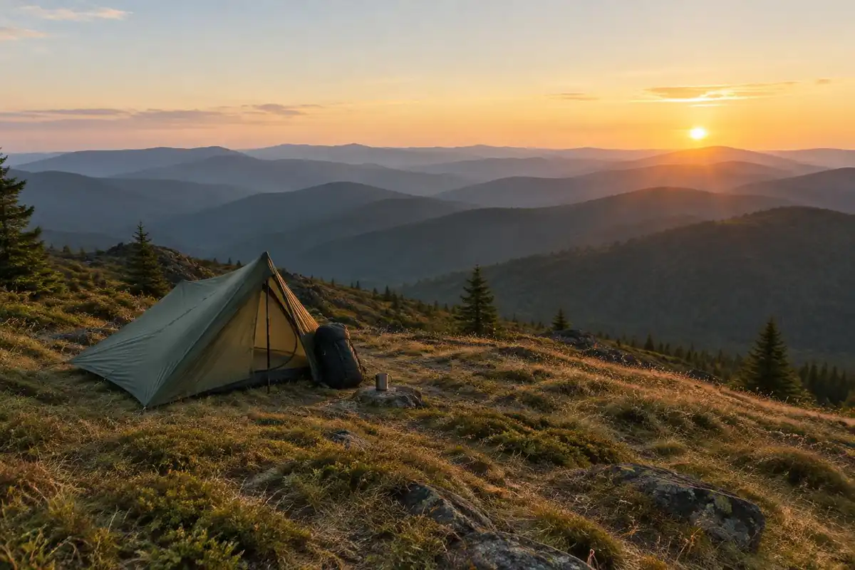 Very compact camp: small tent, quilt and slim pack on a ridge at sunrise