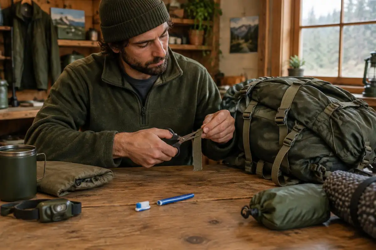 Man cutting the tag and extra strap length off a piece of gear with scissors