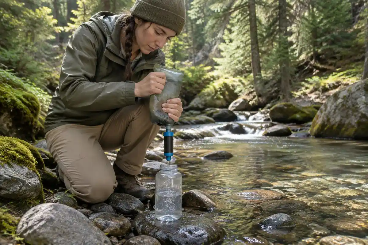 Hiker squeezing water through a small filter into a bottle at a creek