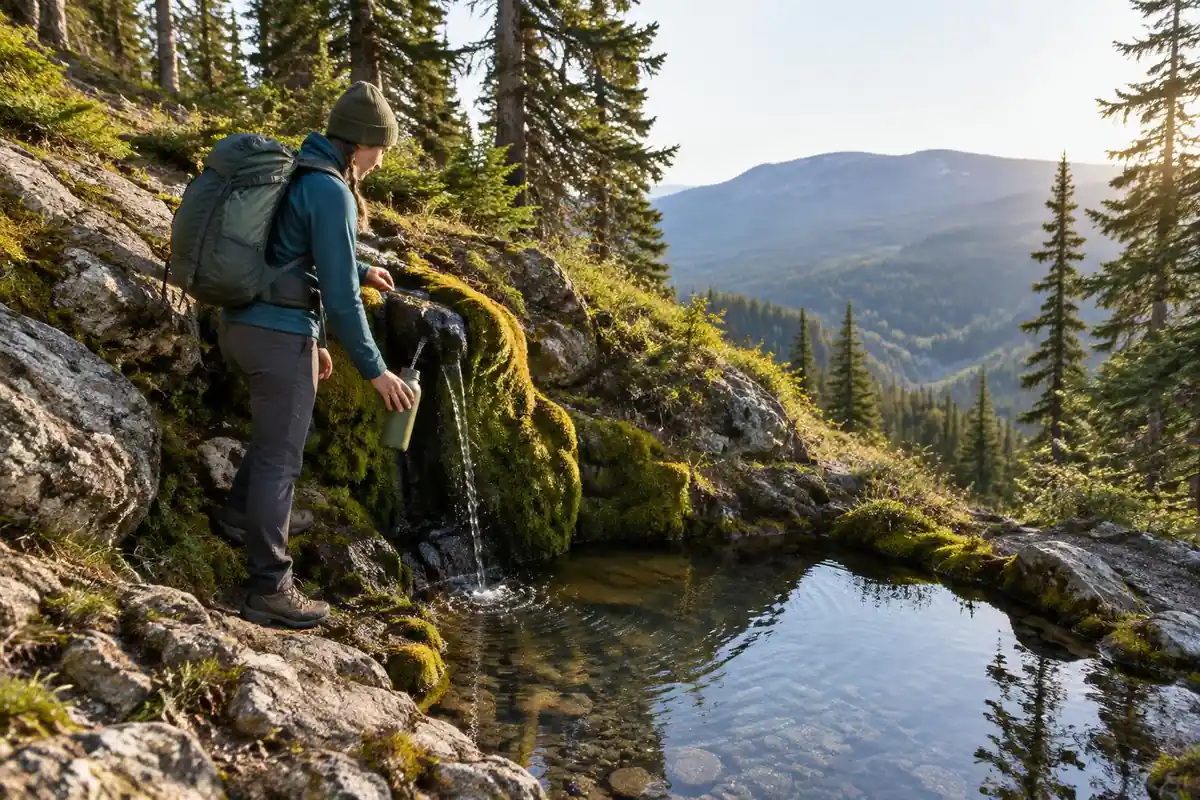 Small clear spring pouring over rocks into a pool with a hiker upstream