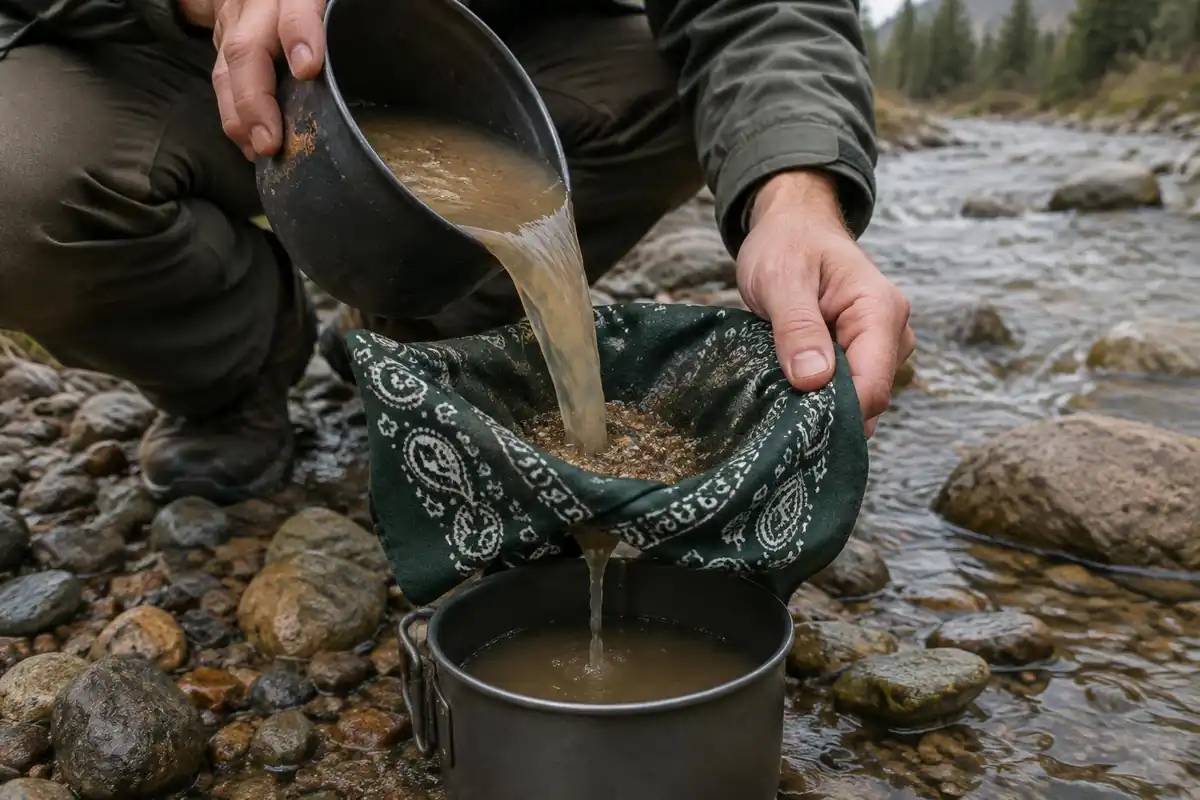 Bandana straining cloudy water into a pot