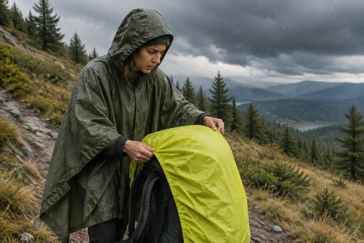 Hiker pulling a fitted rain cover over a pack in a sudden shower