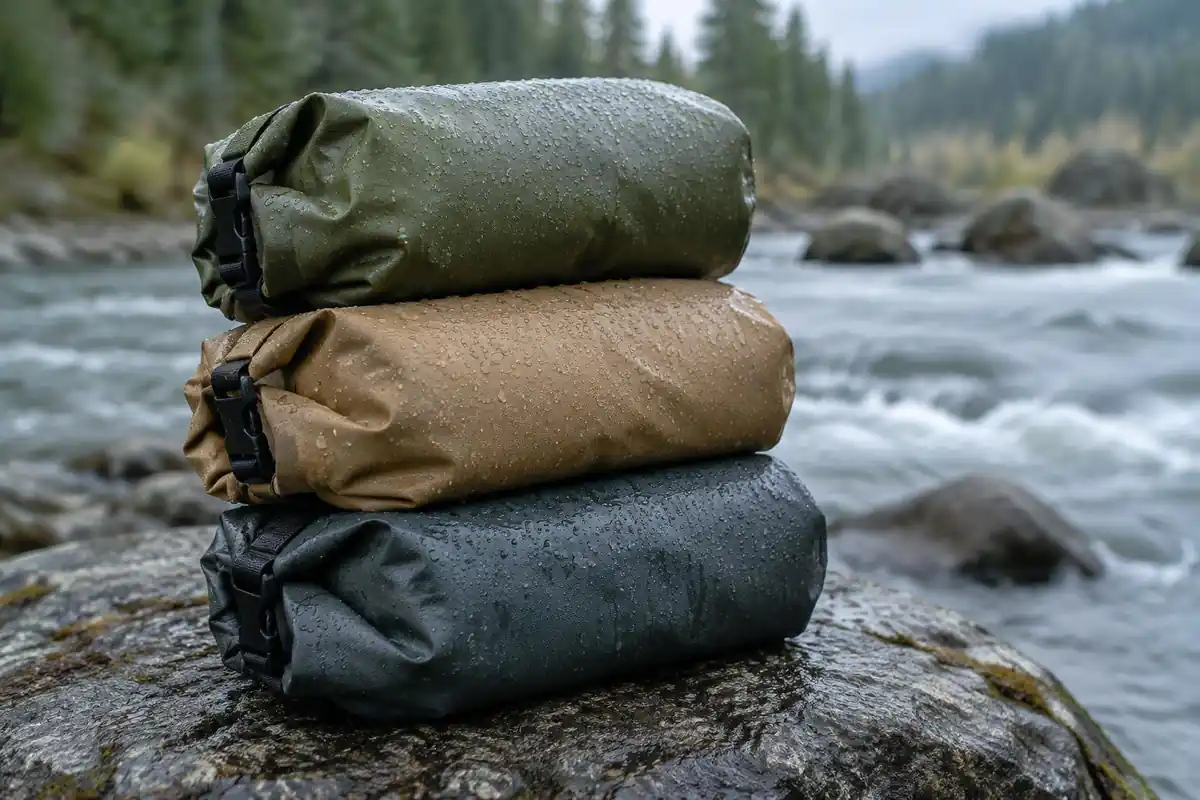 Three colored roll-top dry bags stacked on a wet rock with water beading