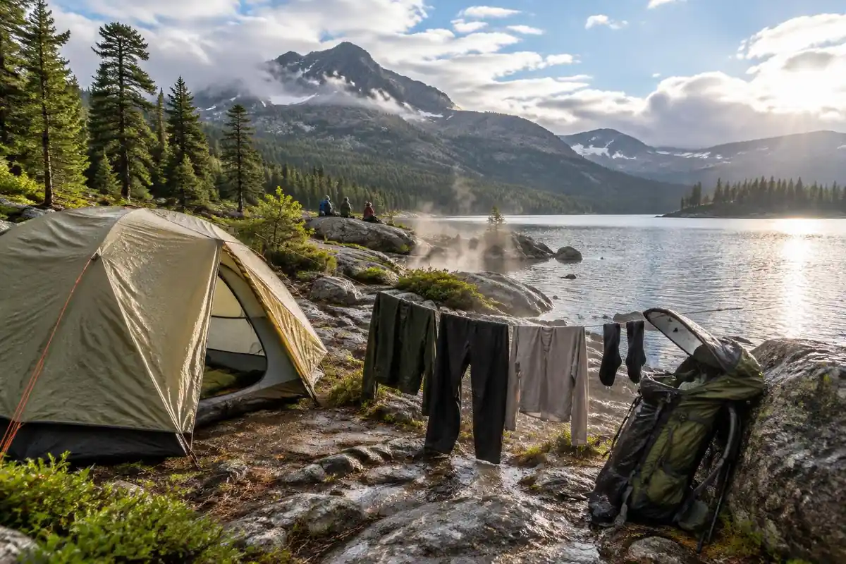Pack and clothes hung out to dry near a tent on a sunny lakeside after rain