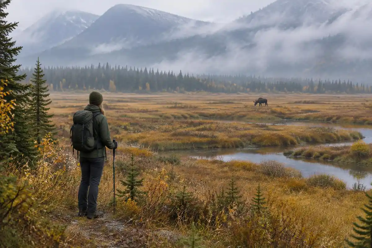 Hiker watching a moose far off across a wide wet meadow
