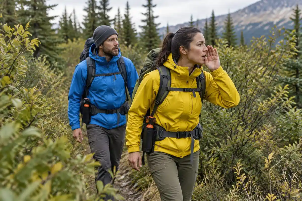 Two hikers making noise and clapping while walking a berry-lined trail
