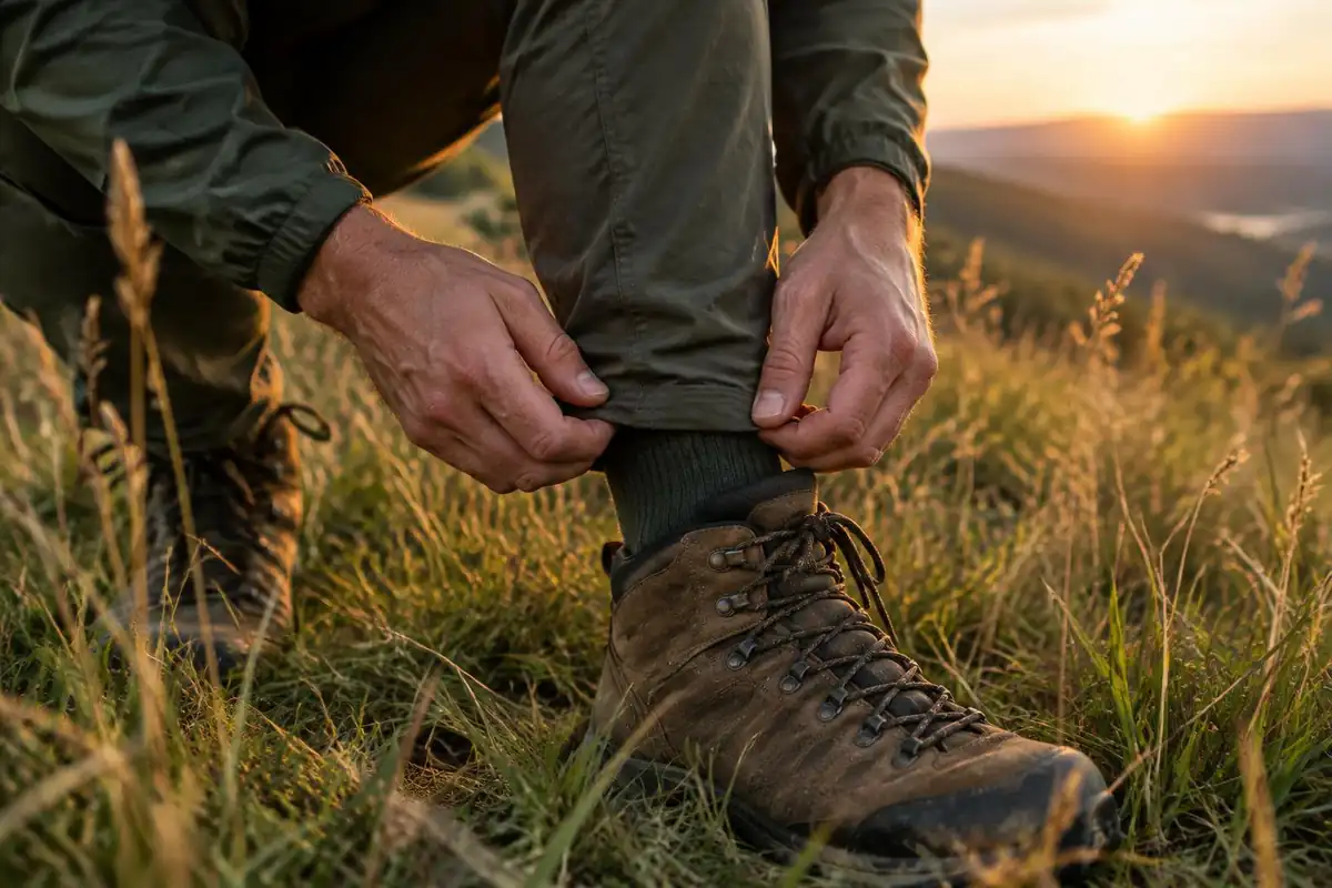 Hiker in long socks tucked over trousers checking a leg after a walk