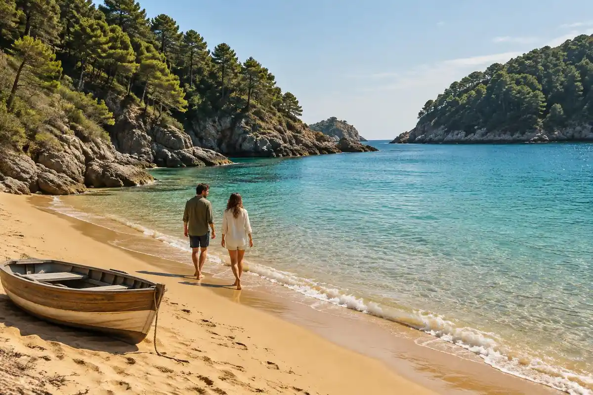 Golden sand cove with turquoise water and forested headlands, walkers at the tideline