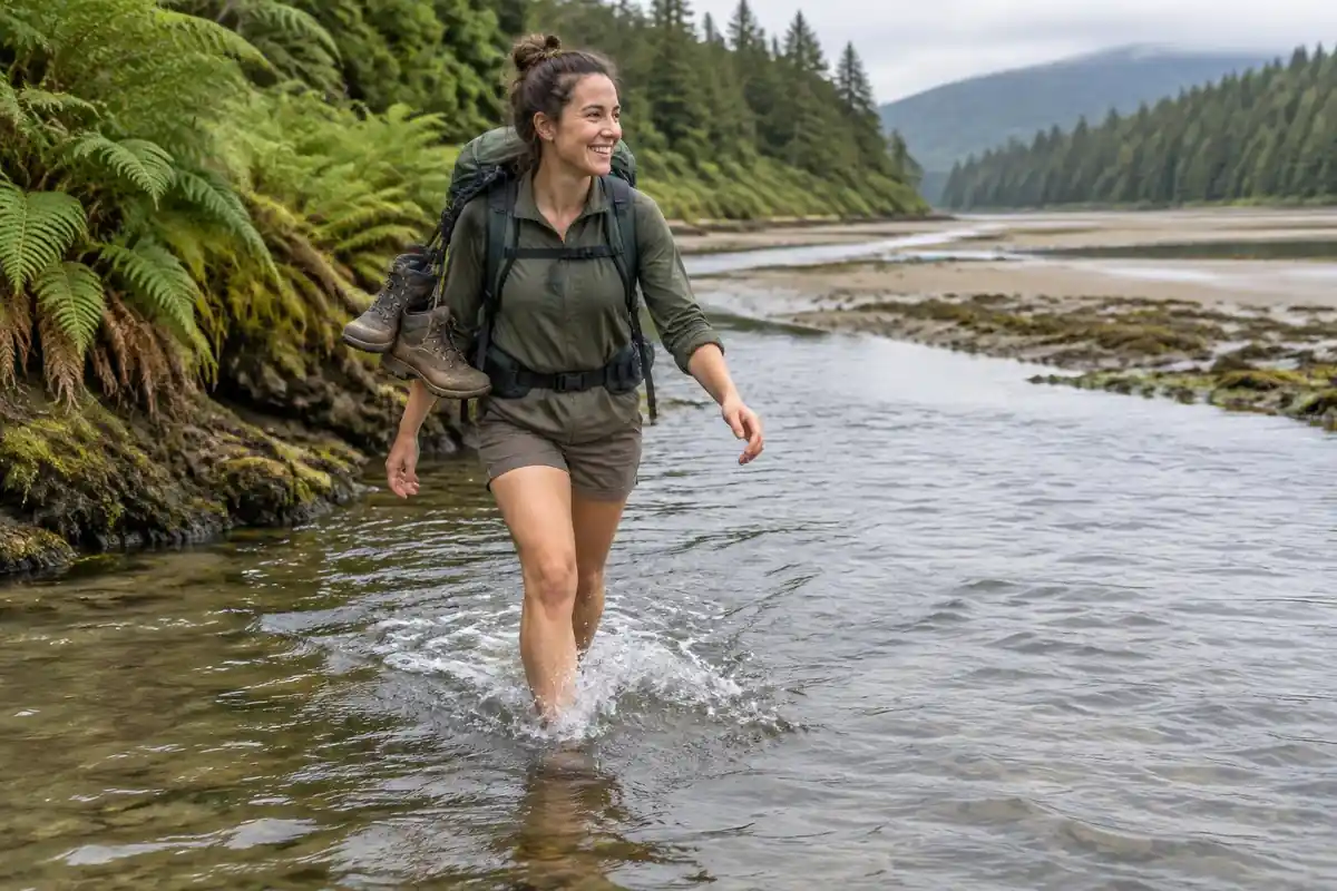 Hiker crossing a shallow tidal flat with boots hung from her pack