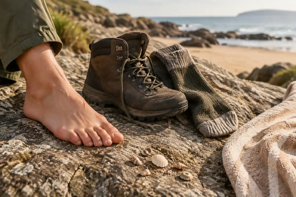 Bare foot beside a boot and sock drying on a warm boulder on a beach