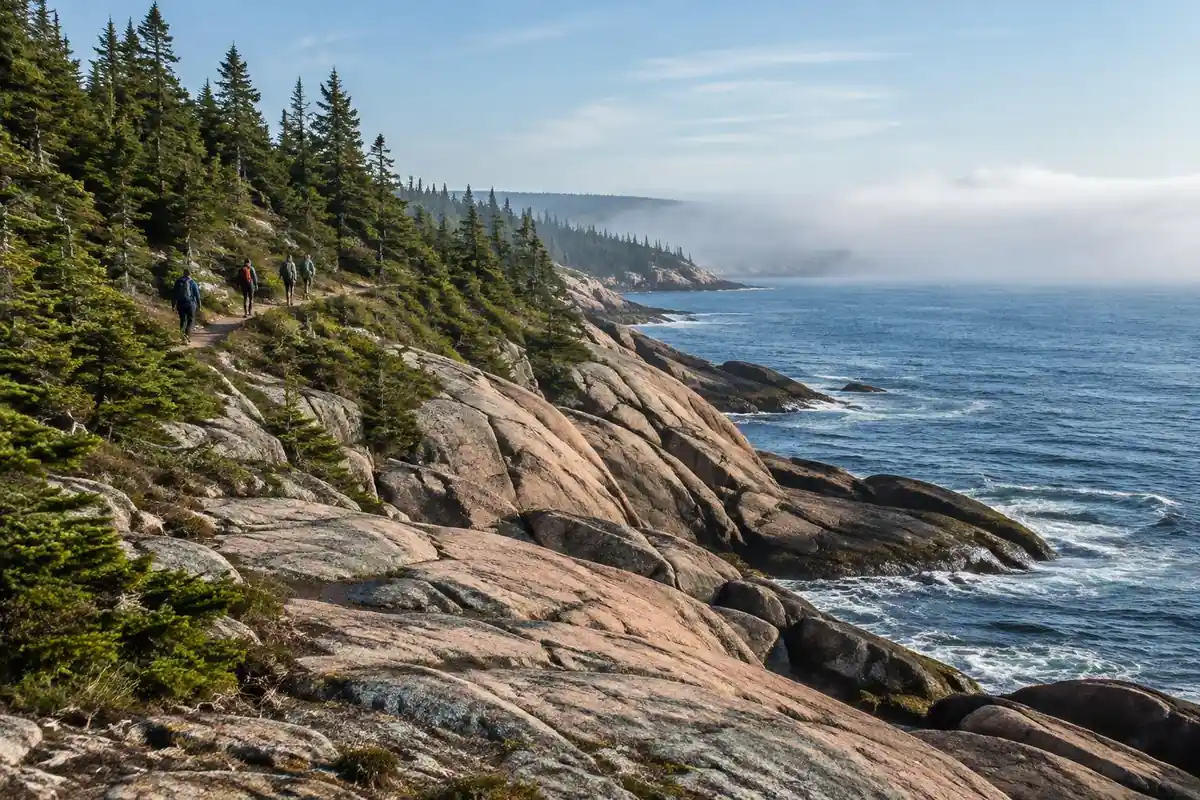 Pink granite coastline meeting cold blue sea with spruce trees and a trail