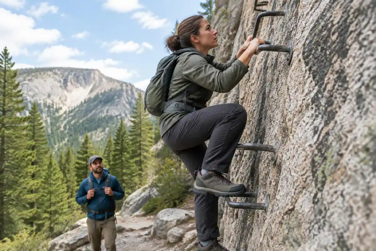 Hiker climbing an iron-rung ladder up a granite face with a light pack, handholds secure