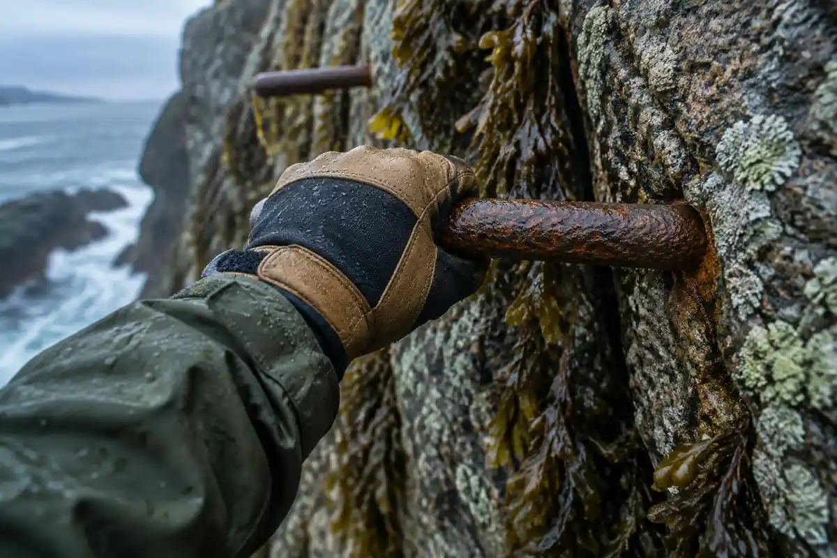 Wet iron rung with a gloved hand and a granite edge with sea below