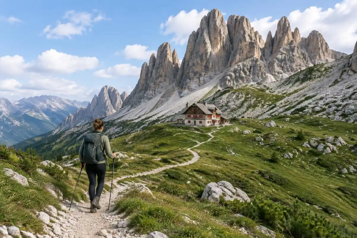 Pale limestone towers with scree paths and mountain huts on green alpine grass