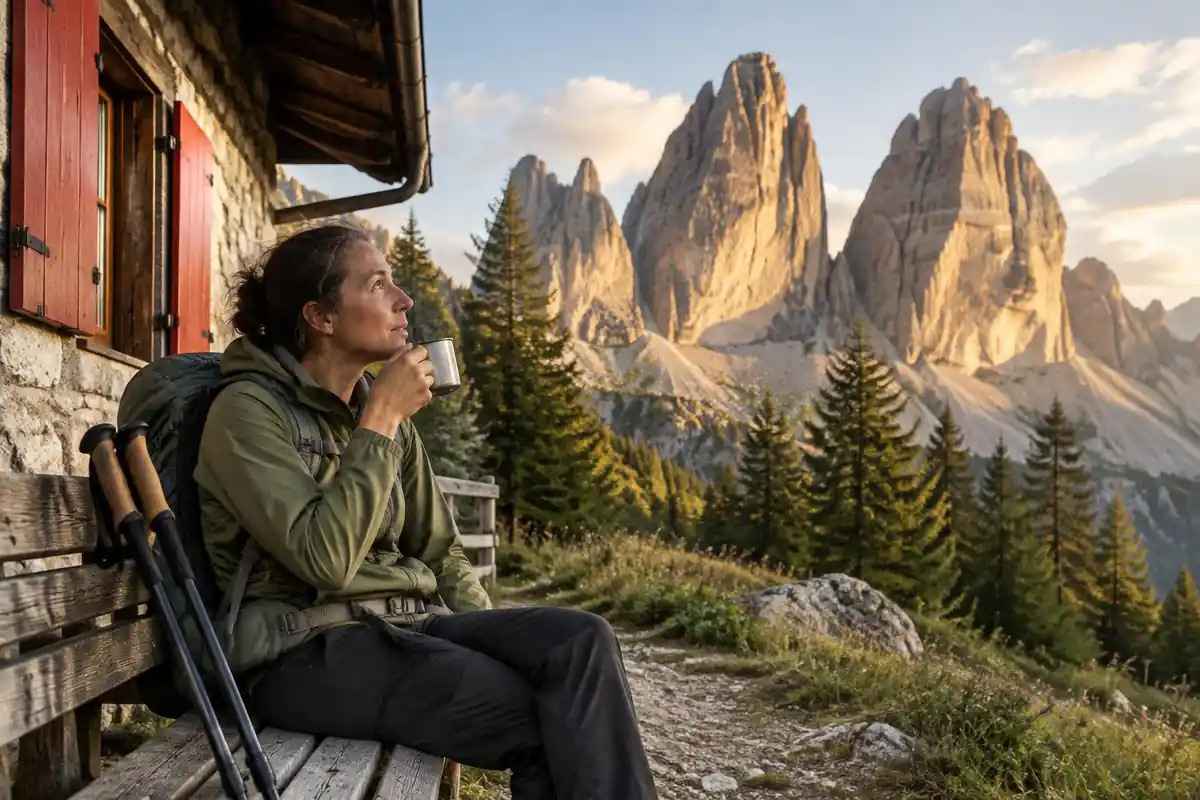 Hiker with poles resting on a wooden bench outside a hut, poles down