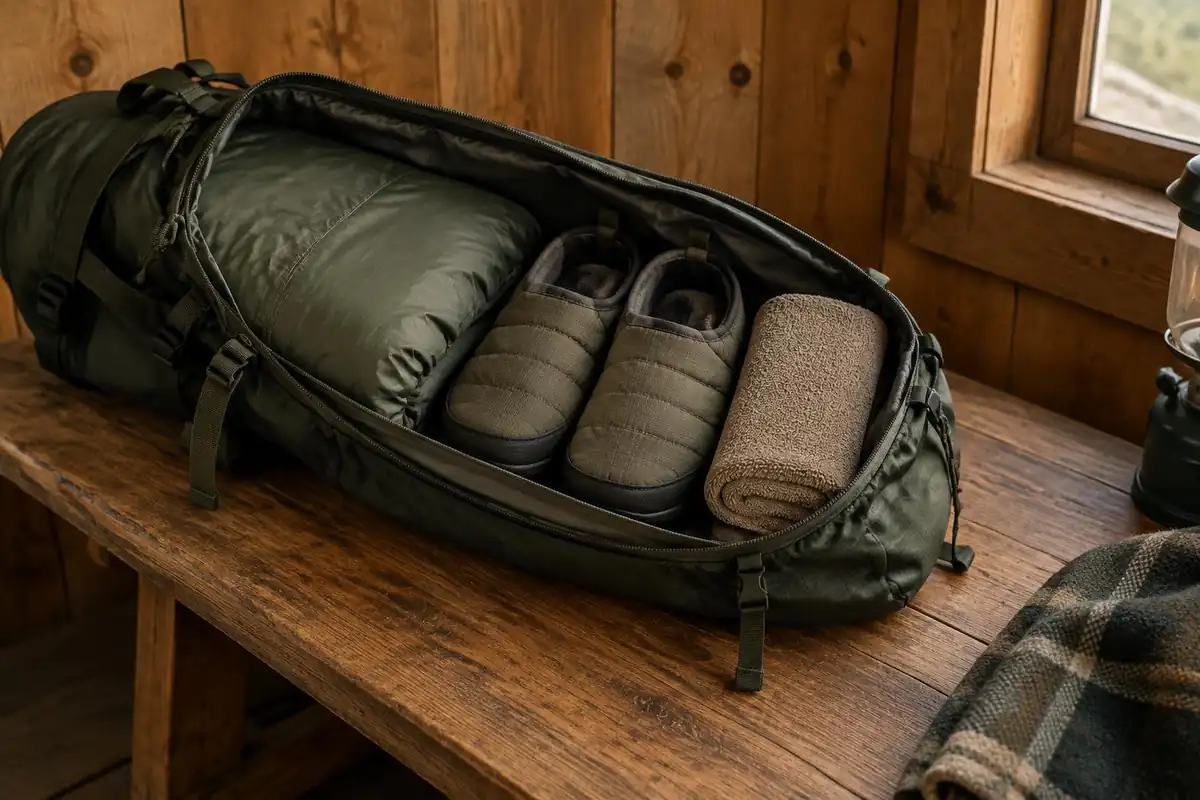 Small pack with a sleeping liner and slippers on a hut bench