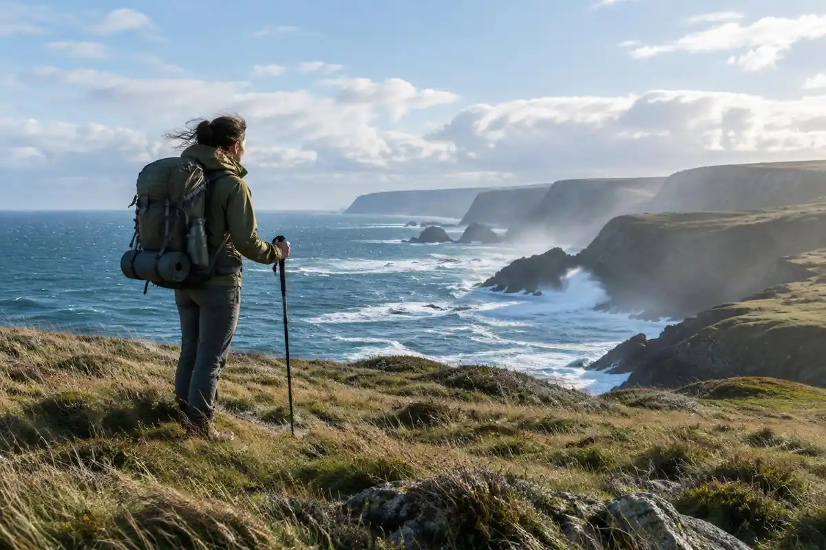 Different trail scenes in one frame: beach, forest and highland ridge
