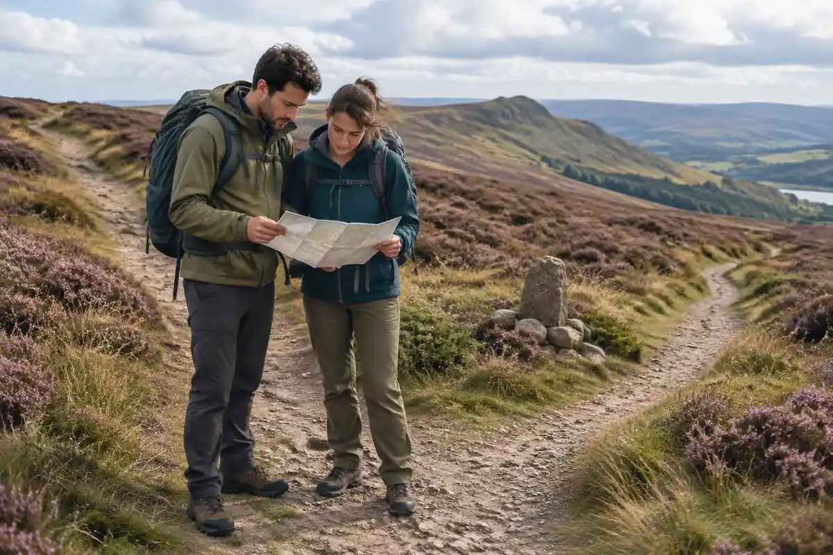 Two hikers reading a paper map at a trail junction, packs on