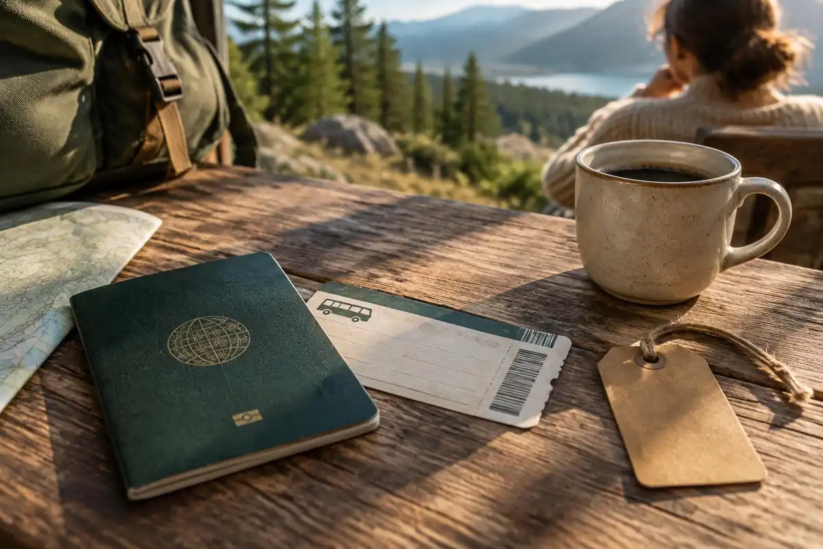 Passport, bus ticket and pack tags on a rustic tabletop