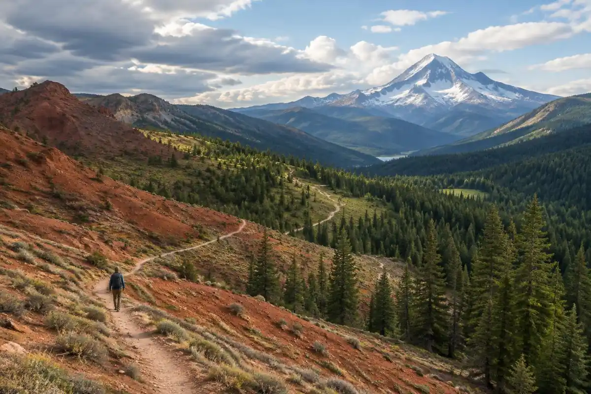 A trail sweeps from arid red hills through green forest toward a snowy far peak