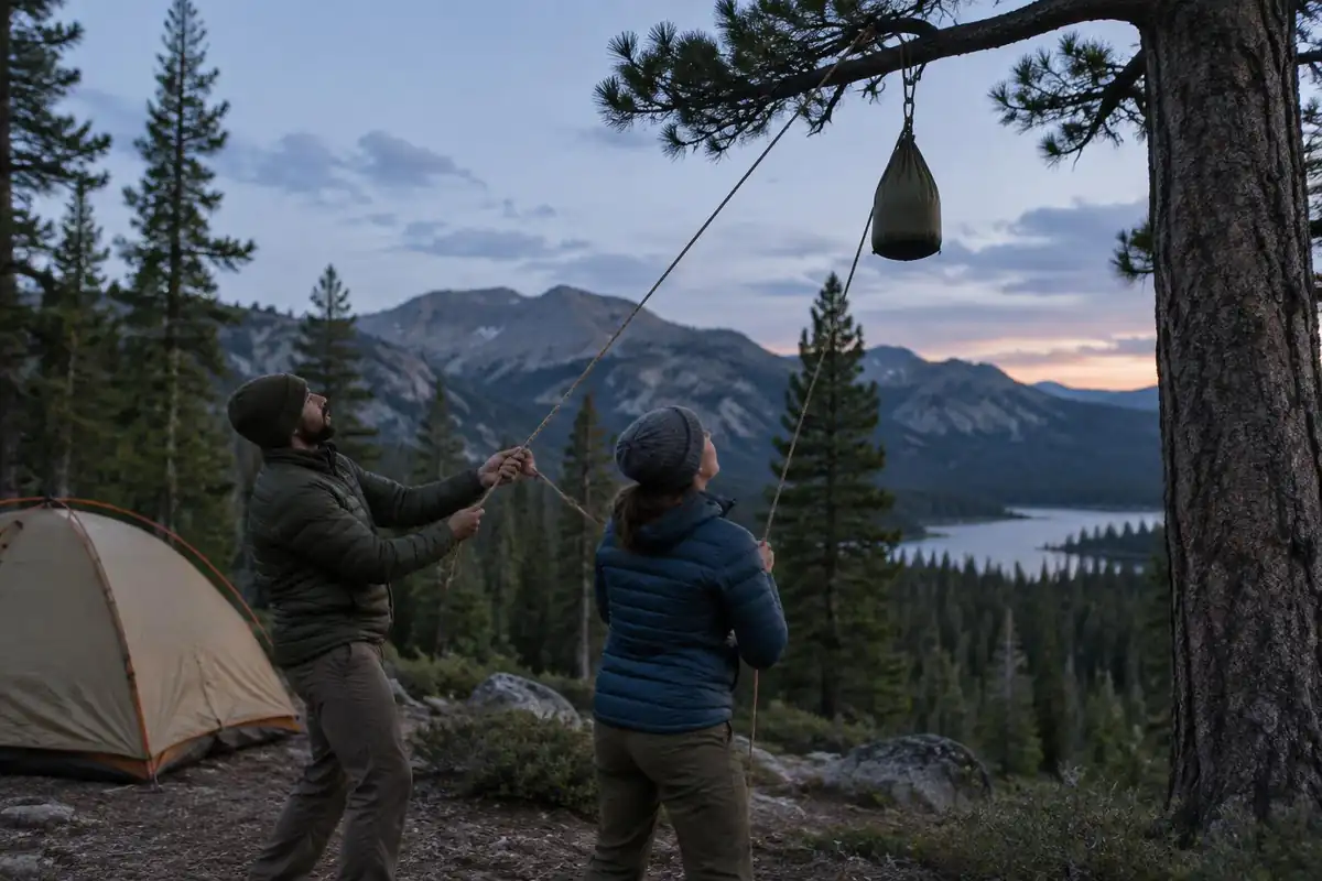 Hikers hanging food bags from a rope over a branch beside a tent in forest